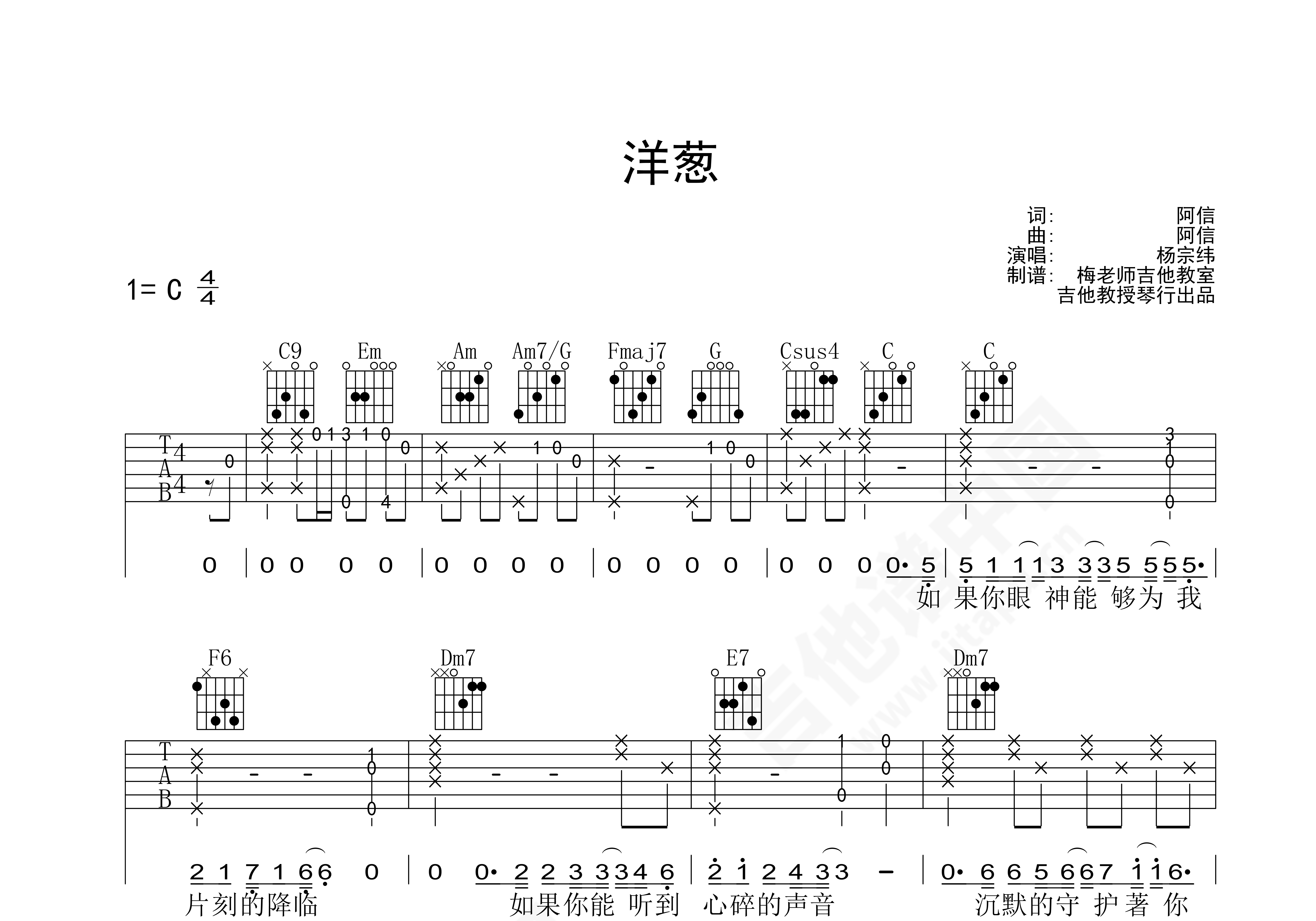 《洋葱(钢琴演奏+电吉他solo部分)》,杨宗纬（六线谱 调六线吉他谱-虫虫吉他谱免费下载