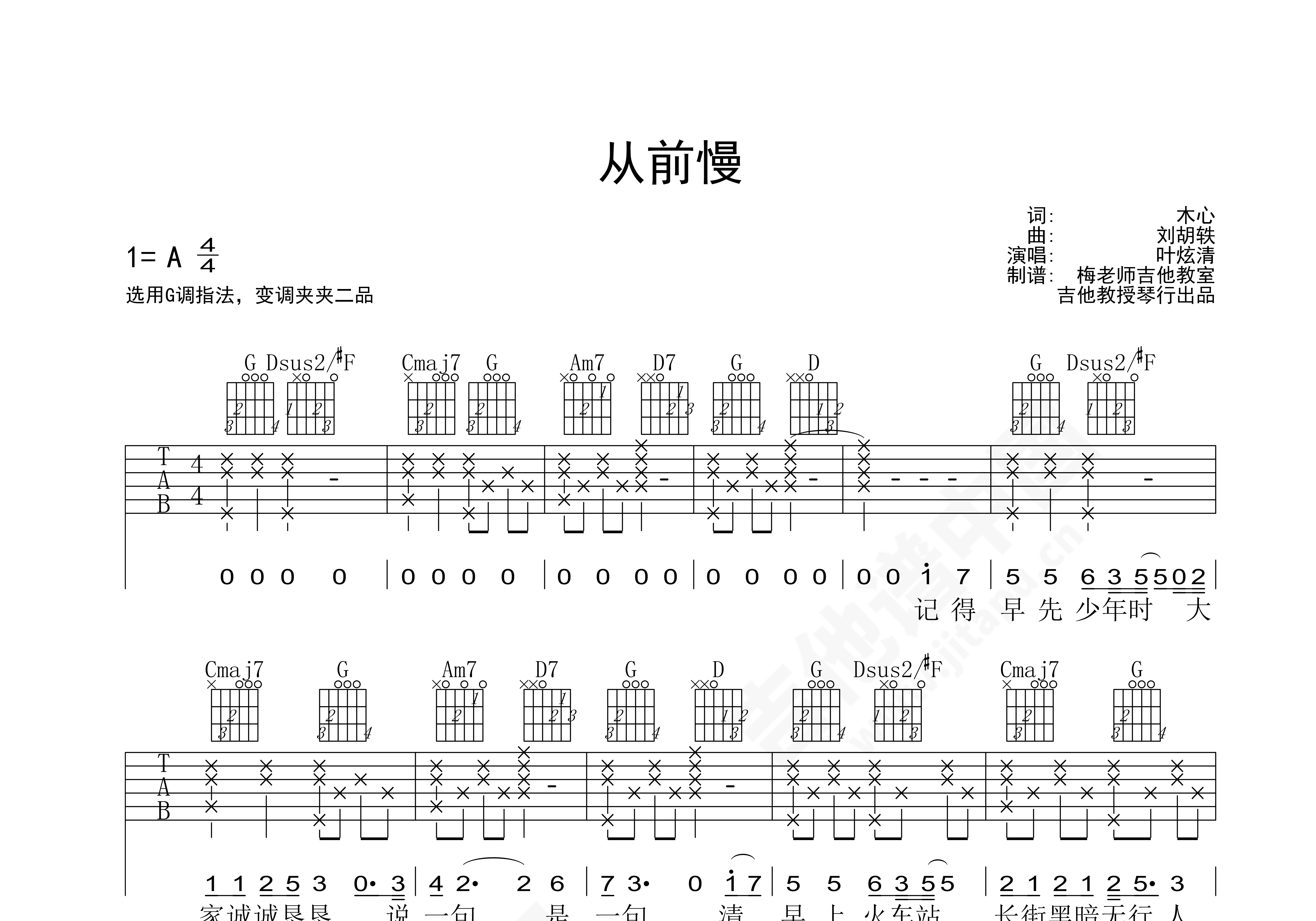 从前慢吉他谱_叶炫清/刘胡轶_C调六线谱_吉他弹唱教学 - 酷琴谱