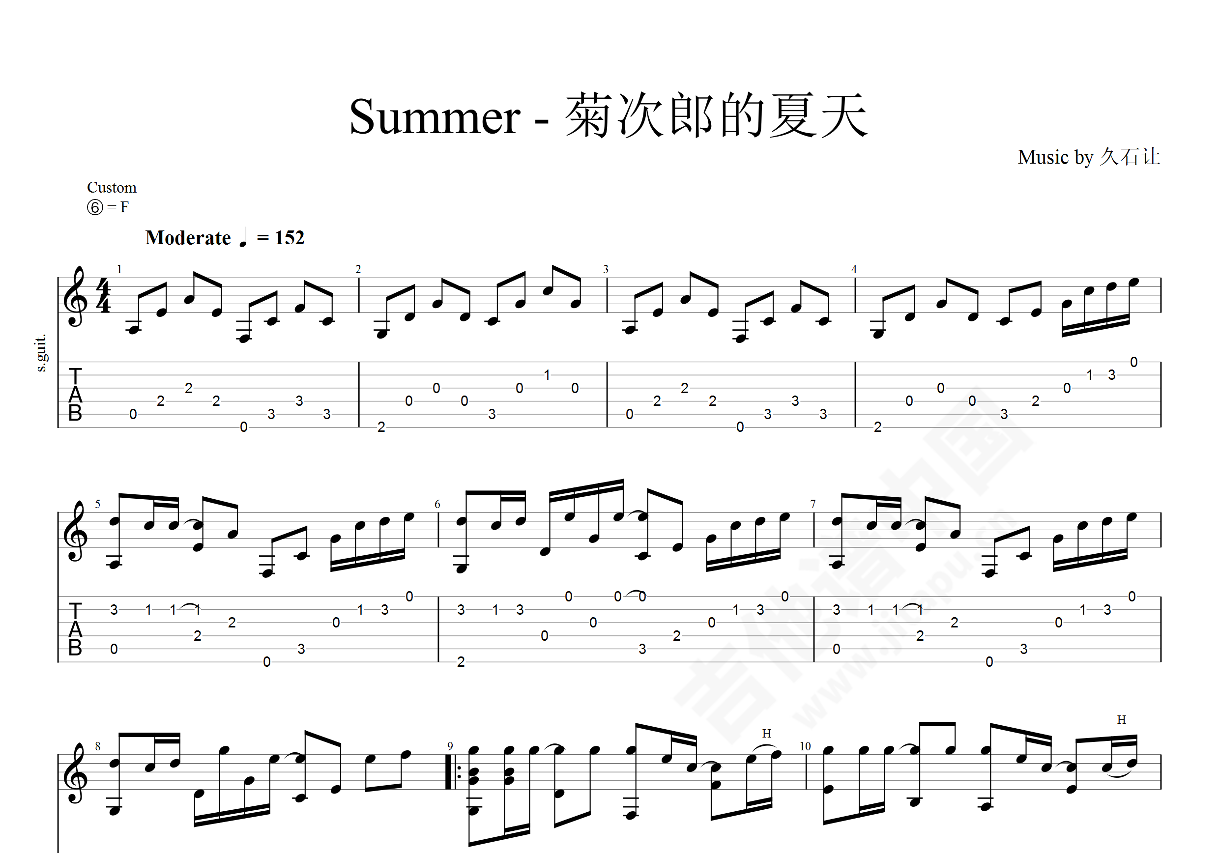 Summer吉他谱 -《菊次郎的夏天》主题曲久石让 D调指弹谱 附音频-吉他谱中国