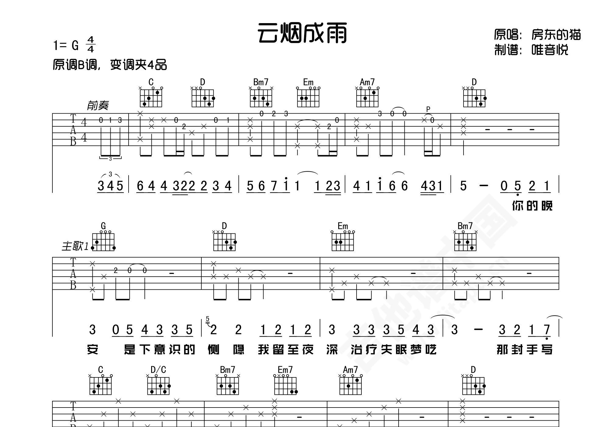 云烟成雨（小宇吉他站编配版）吉他谱图片格式六线谱_吉他谱_中国乐谱网