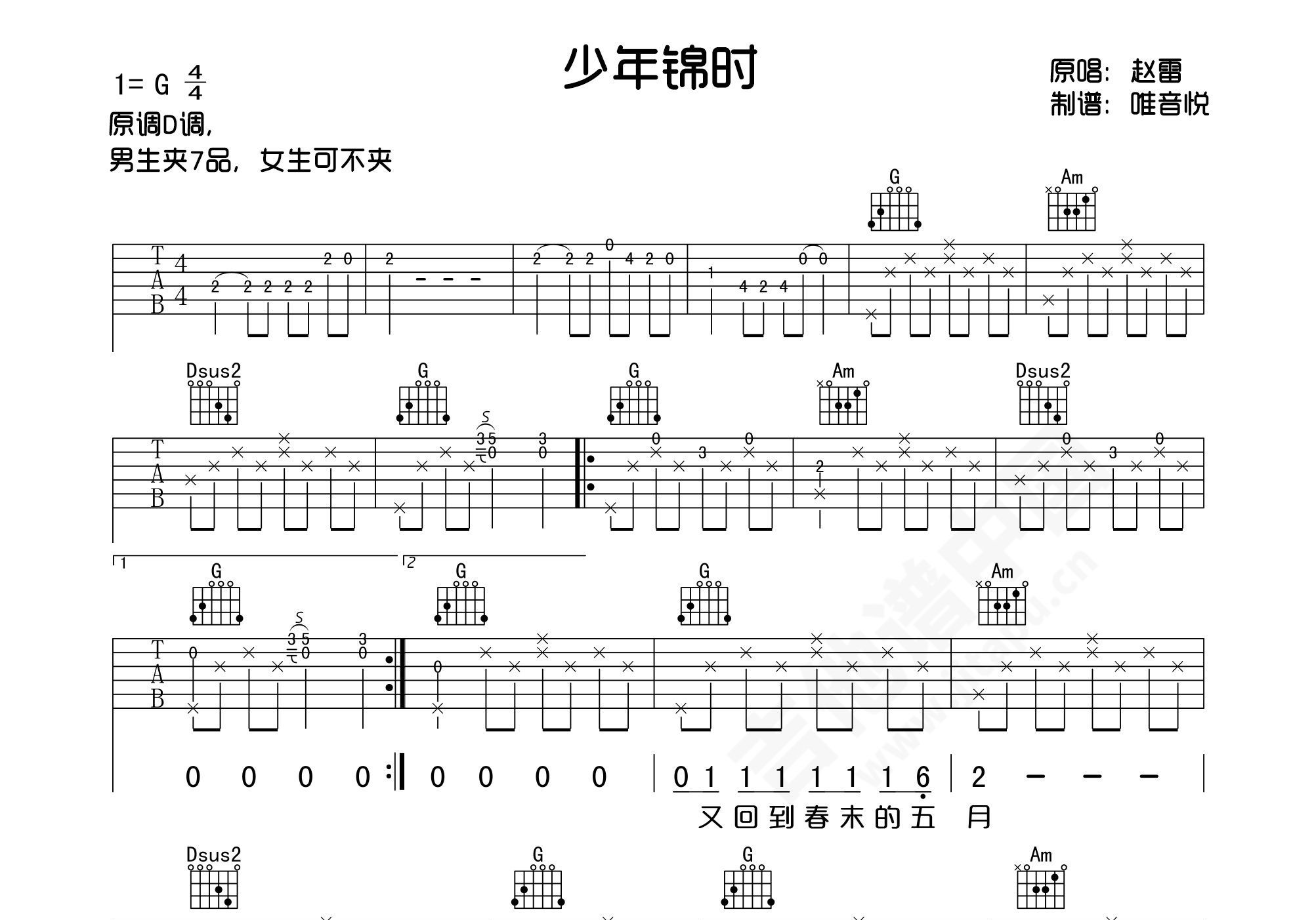 少年锦时吉他谱 - 赵雷 - G调吉他弹唱谱 - 琴谱网