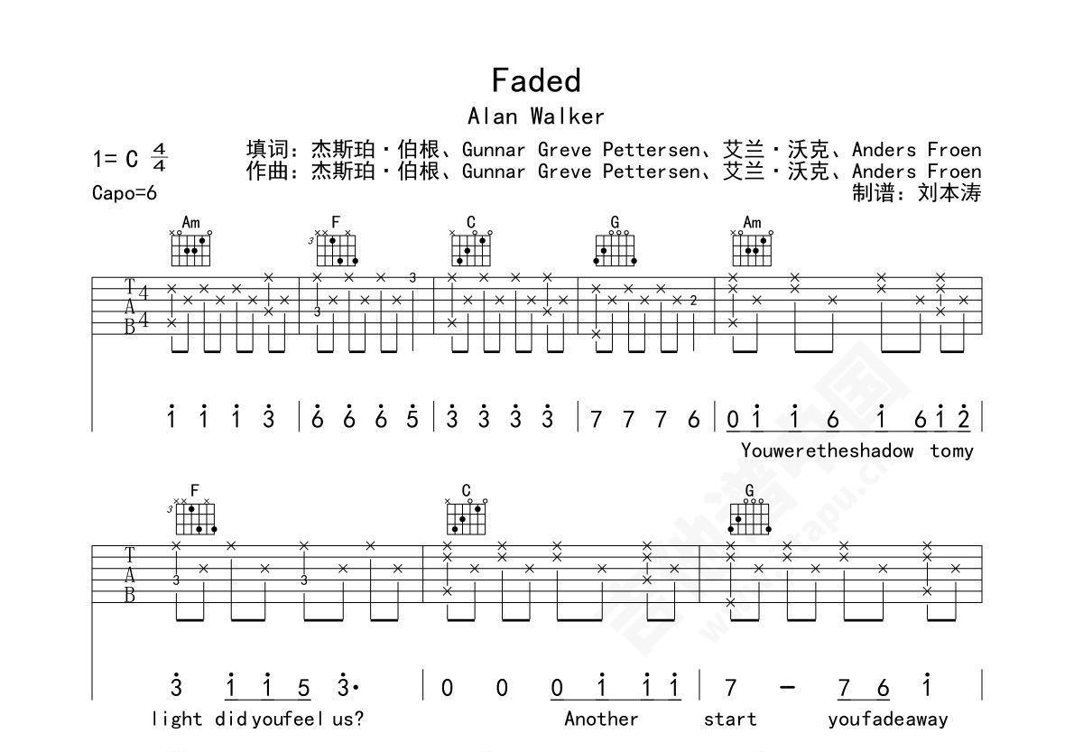 《Faded》吉他谱_指弹版六线谱_简单版视频教学-吉他派