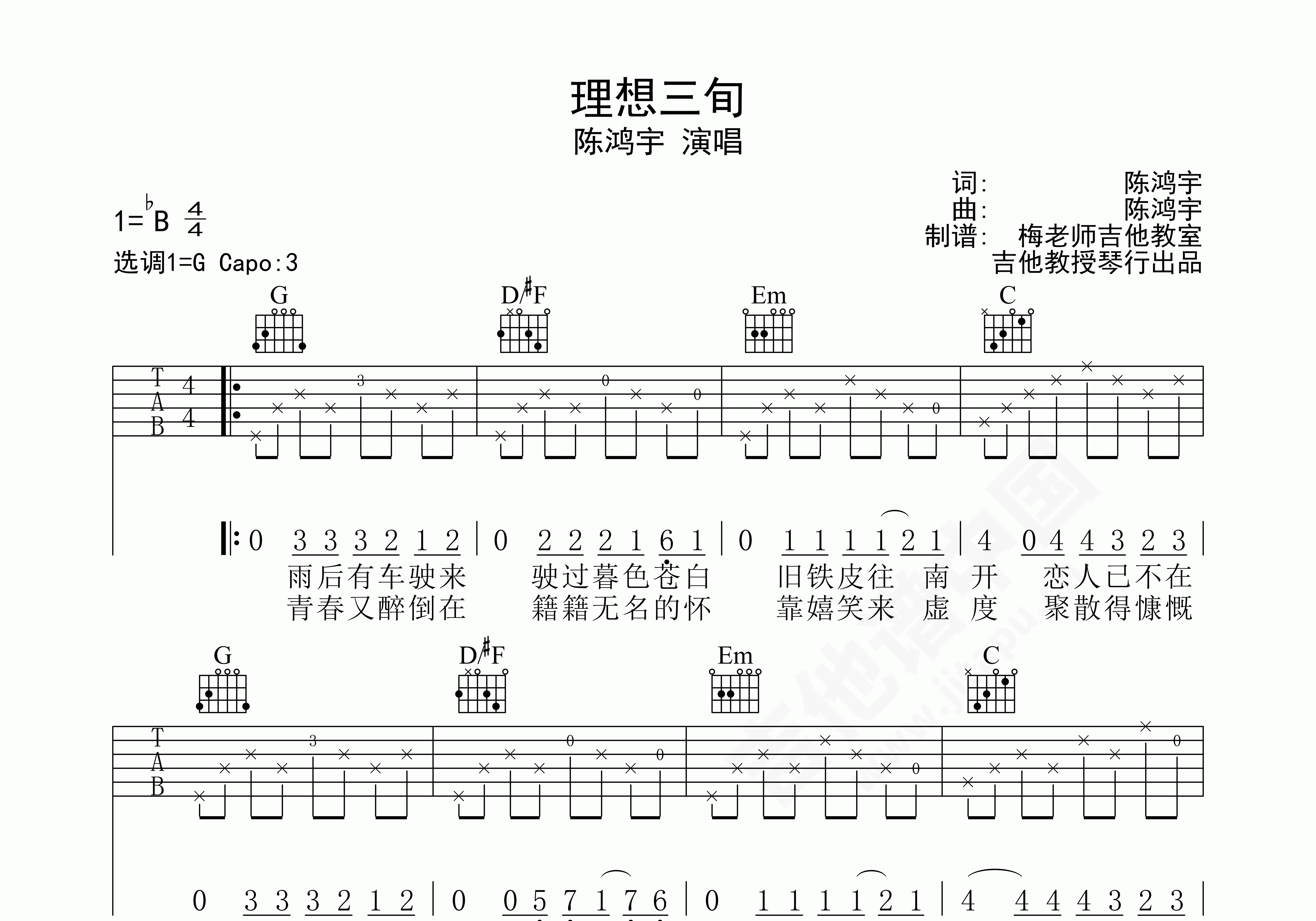 理想三旬 陈鸿宇简单版吉他谱-虫虫吉他:www.ccguitar.cn