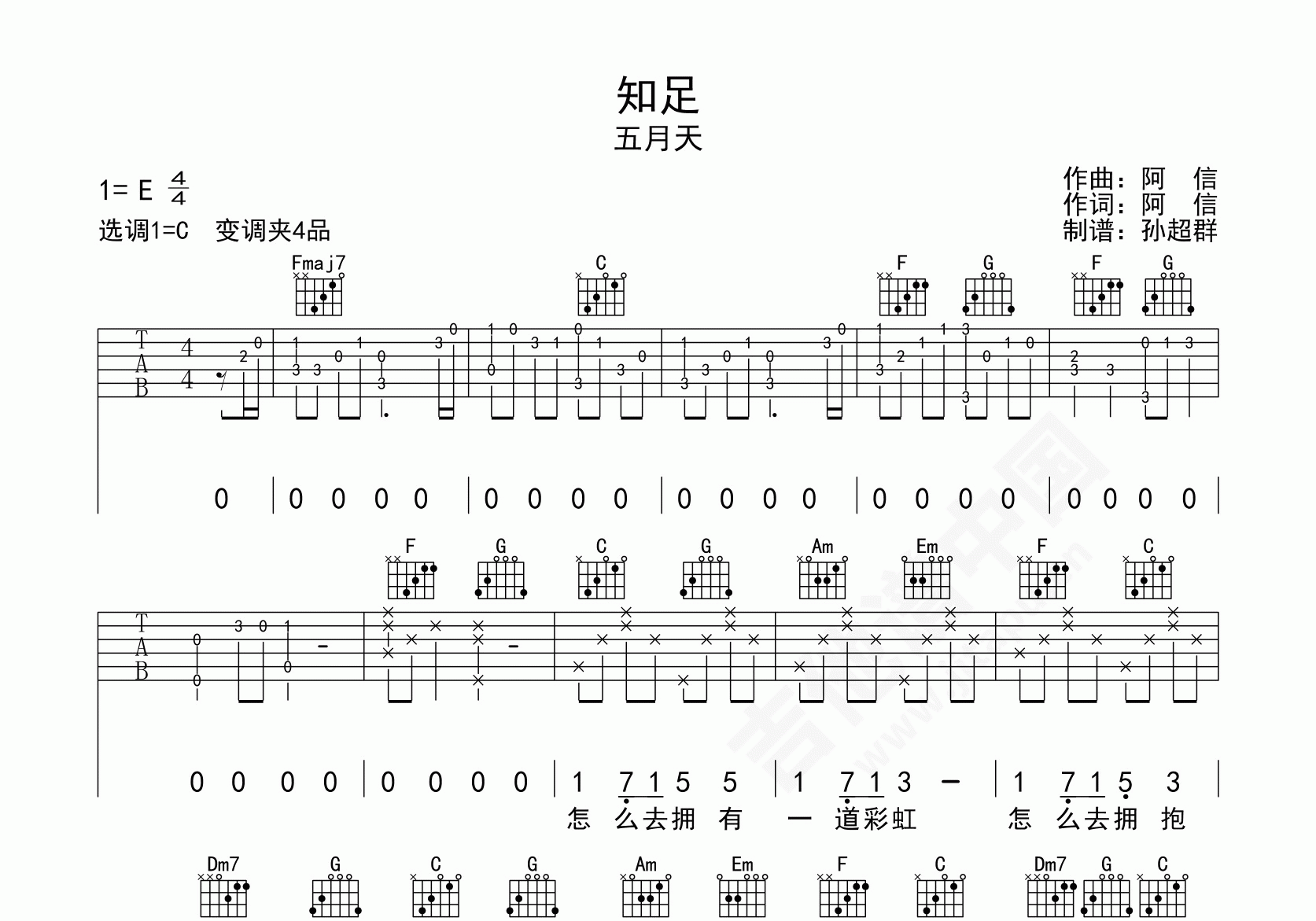 五月天 知足（尤克里里单音指弹谱） 吉他谱-虫虫吉他谱免费下载