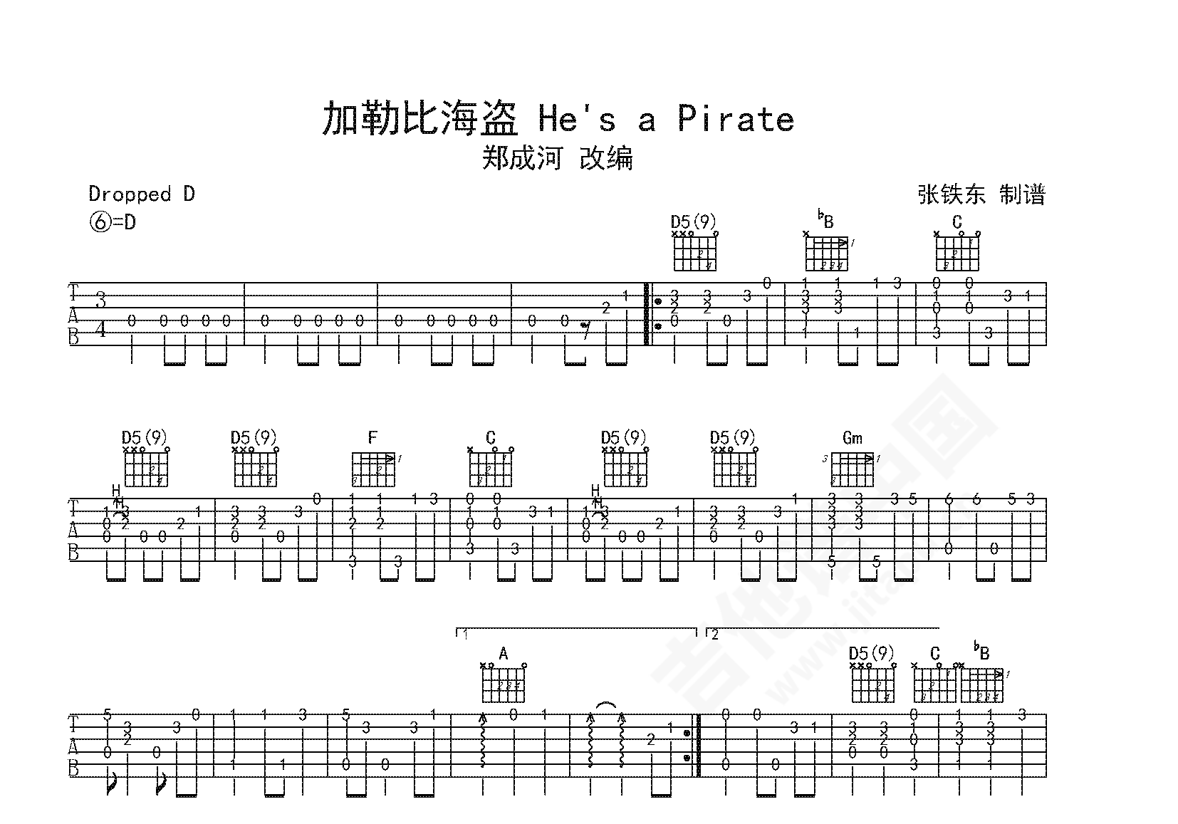 He’s a Pirate加勒比海盗吉他谱 C调简单版【高清指弹谱】_音伴
