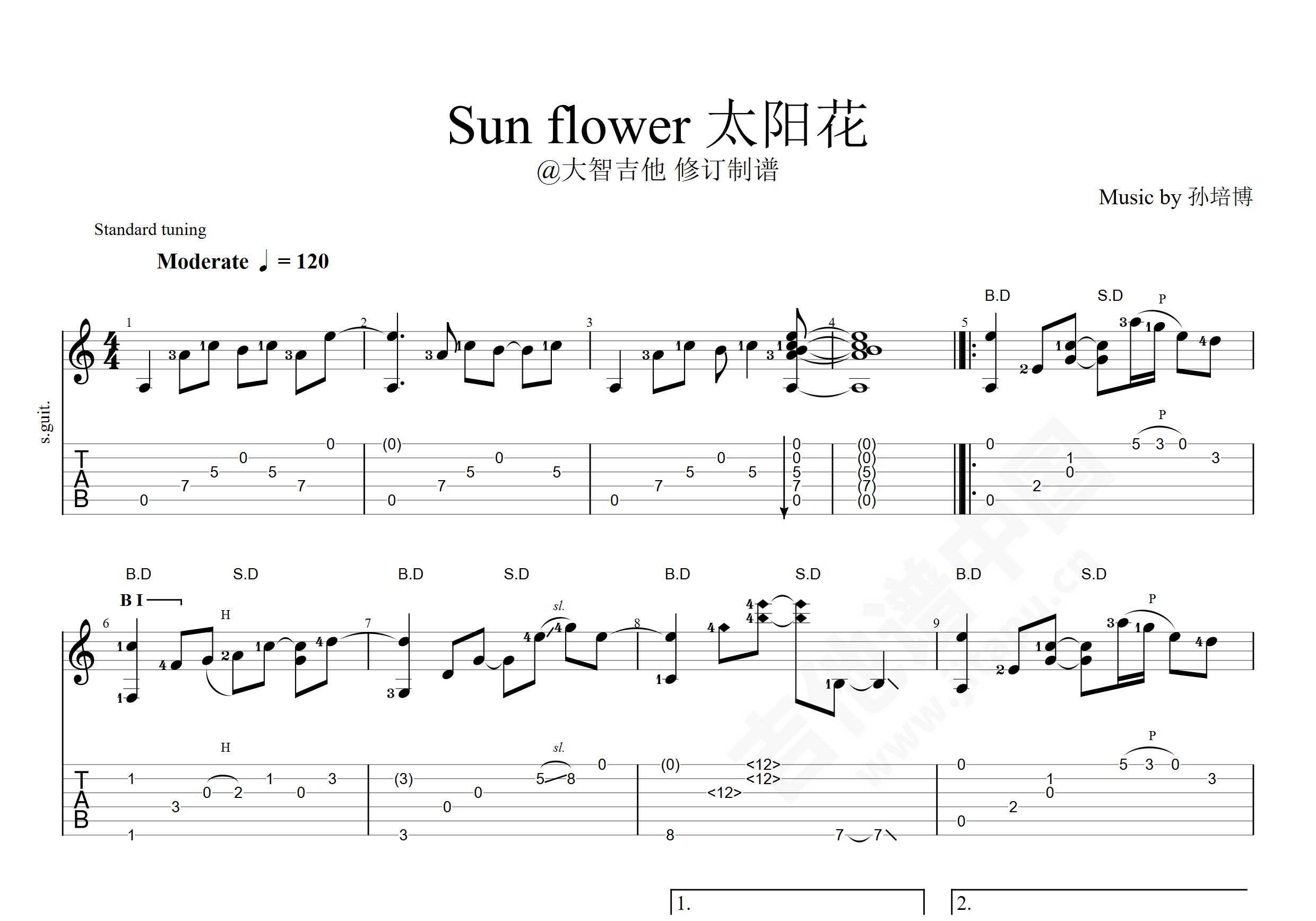 Sunflower(太阳花)吉他谱(gtp谱,指弹)_孙培博(Paddy Sun)