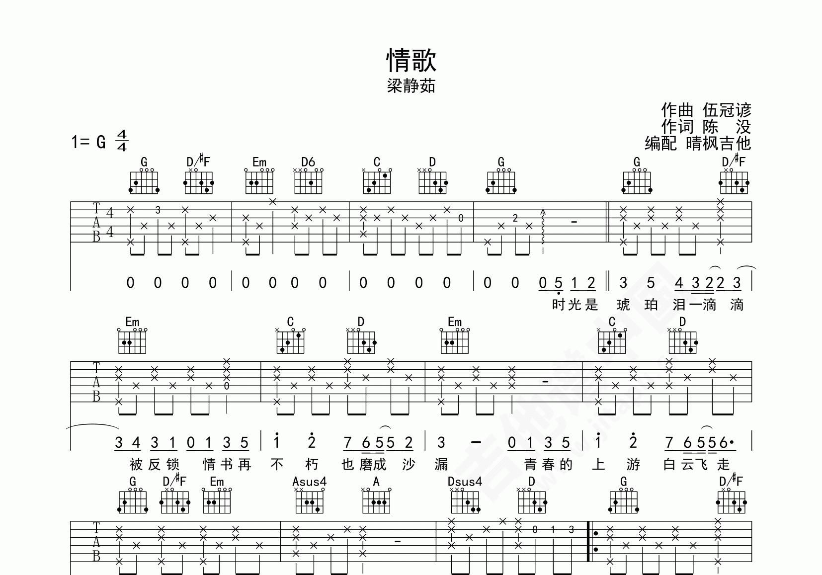 浪人情歌吉他谱-伍佰-原版双吉他弹唱谱-附PDF图片谱-吉他控