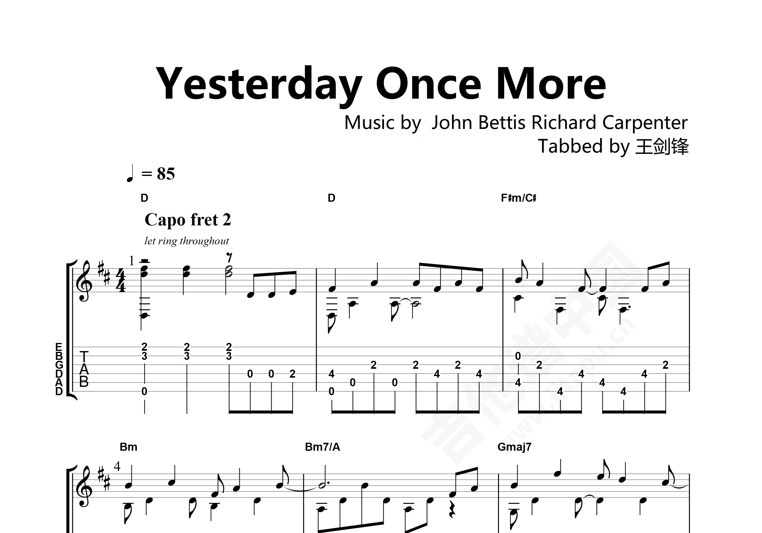 《昨日重现Yesterday Once More（吉他弹唱版）》,卡朋特乐队（六线谱 调六线吉他谱-虫虫吉他谱免费下载