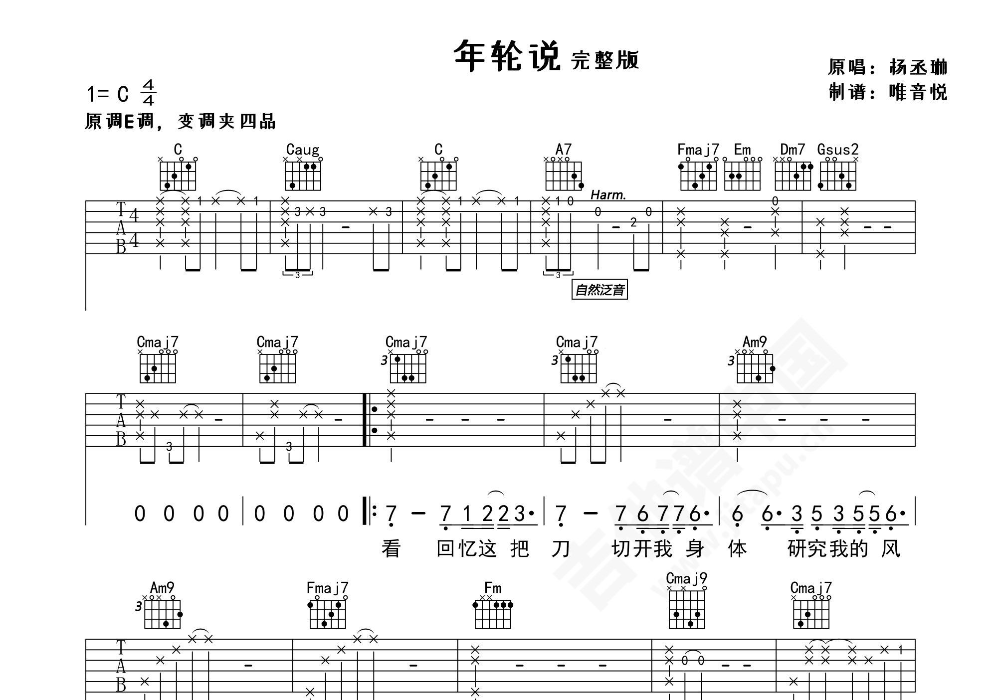 年轮吉他谱 - 张碧晨 - C调吉他弹唱谱 - 琴谱网