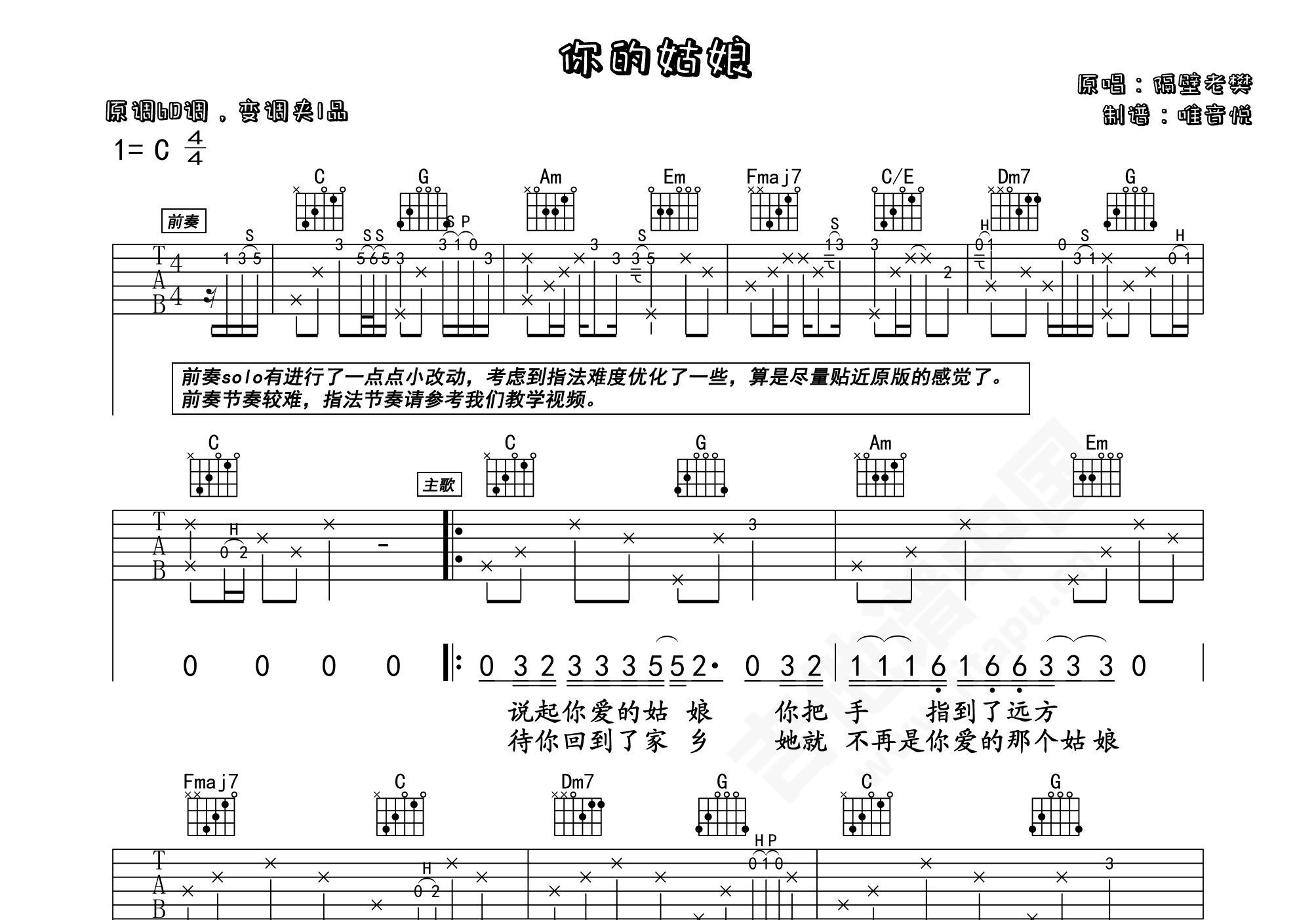 赵雷 - 南方姑娘 [弹唱 和弦谱 大树乐器 大树音乐 教学] 吉他谱