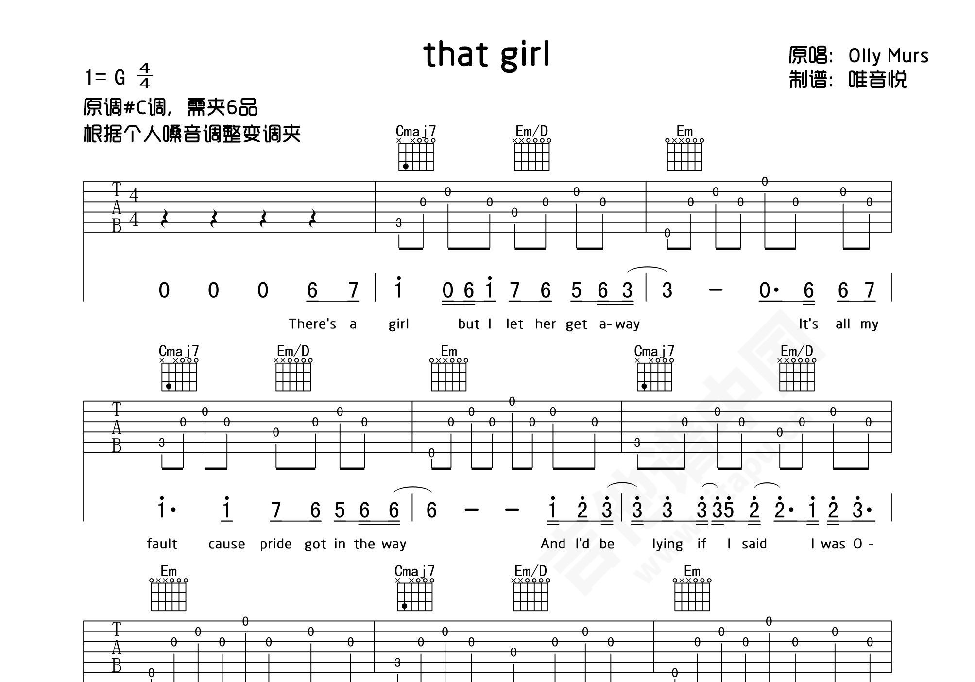 That girl吉他谱 Olly Murs A调民谣指弹谱 附教学视频 -吉他谱中国