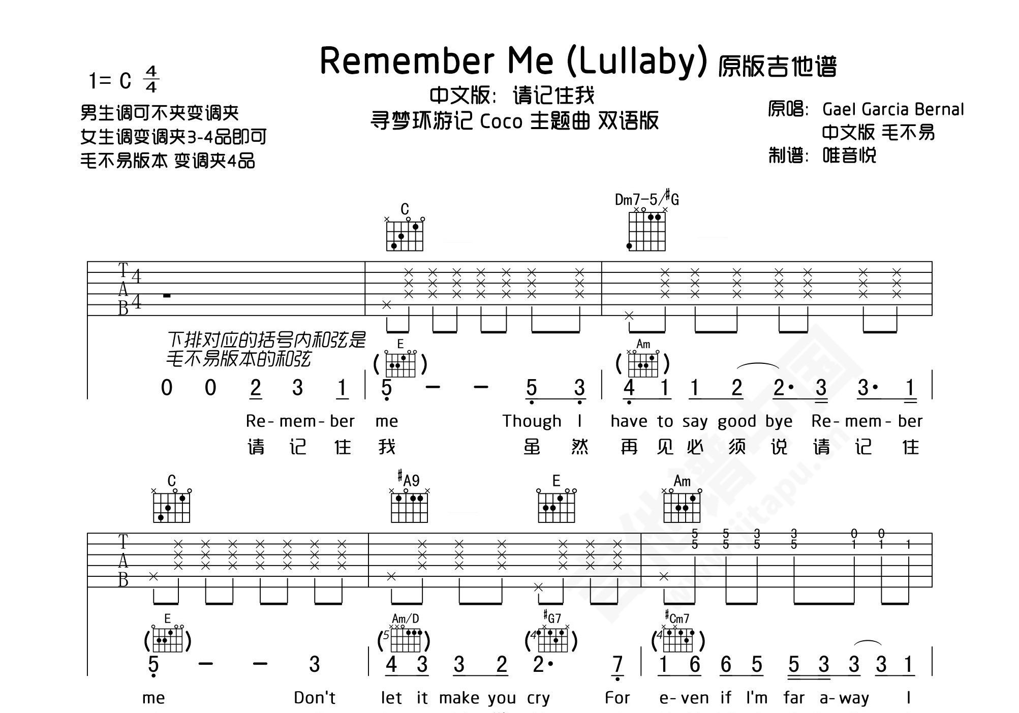 寻梦环游记《Remember Me》 吉他谱C调吉他弹唱谱 | 小叶歌吉他