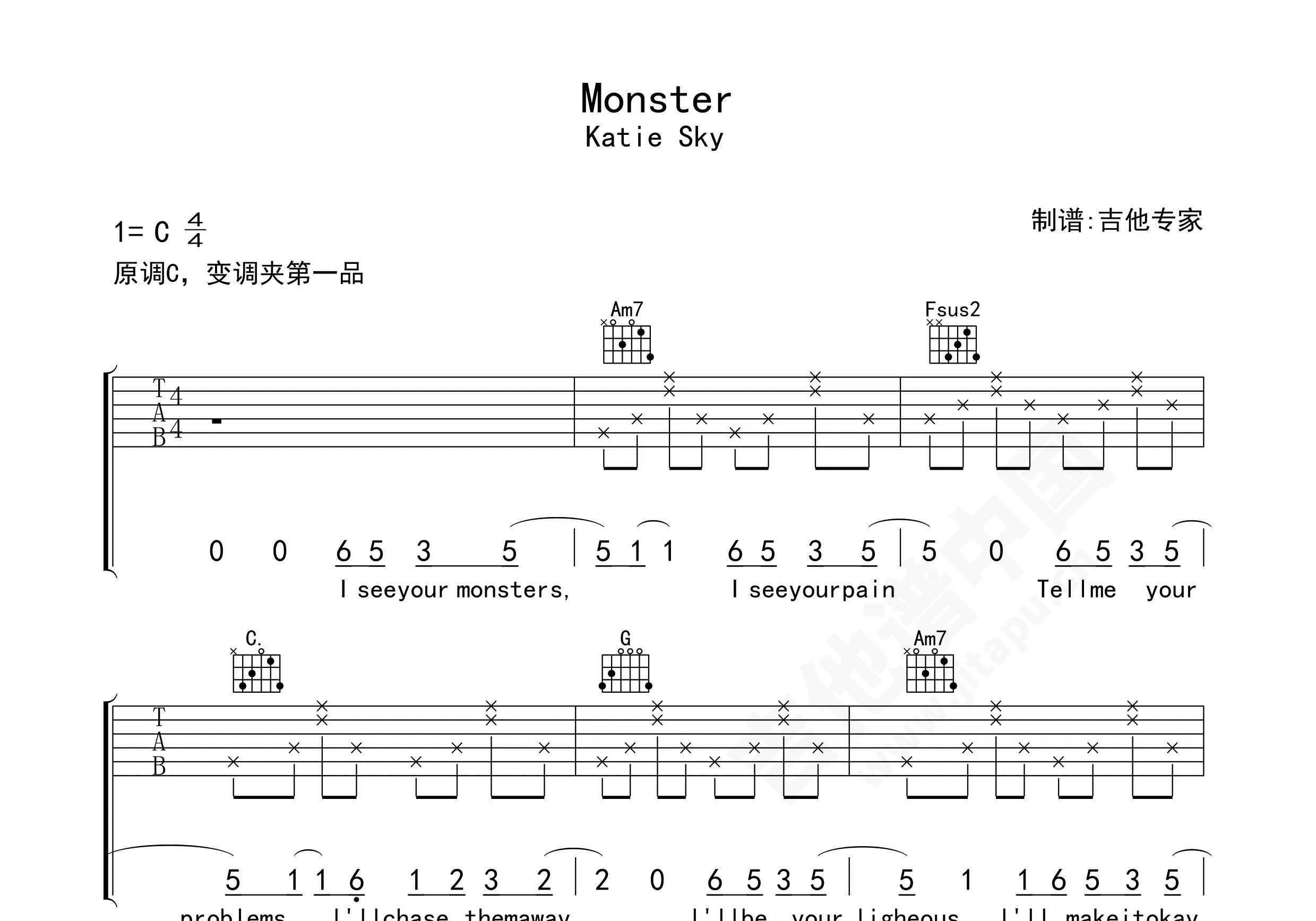 Monsters吉他谱（Katie Sky_G调原版编配）_吉他谱_搜谱网