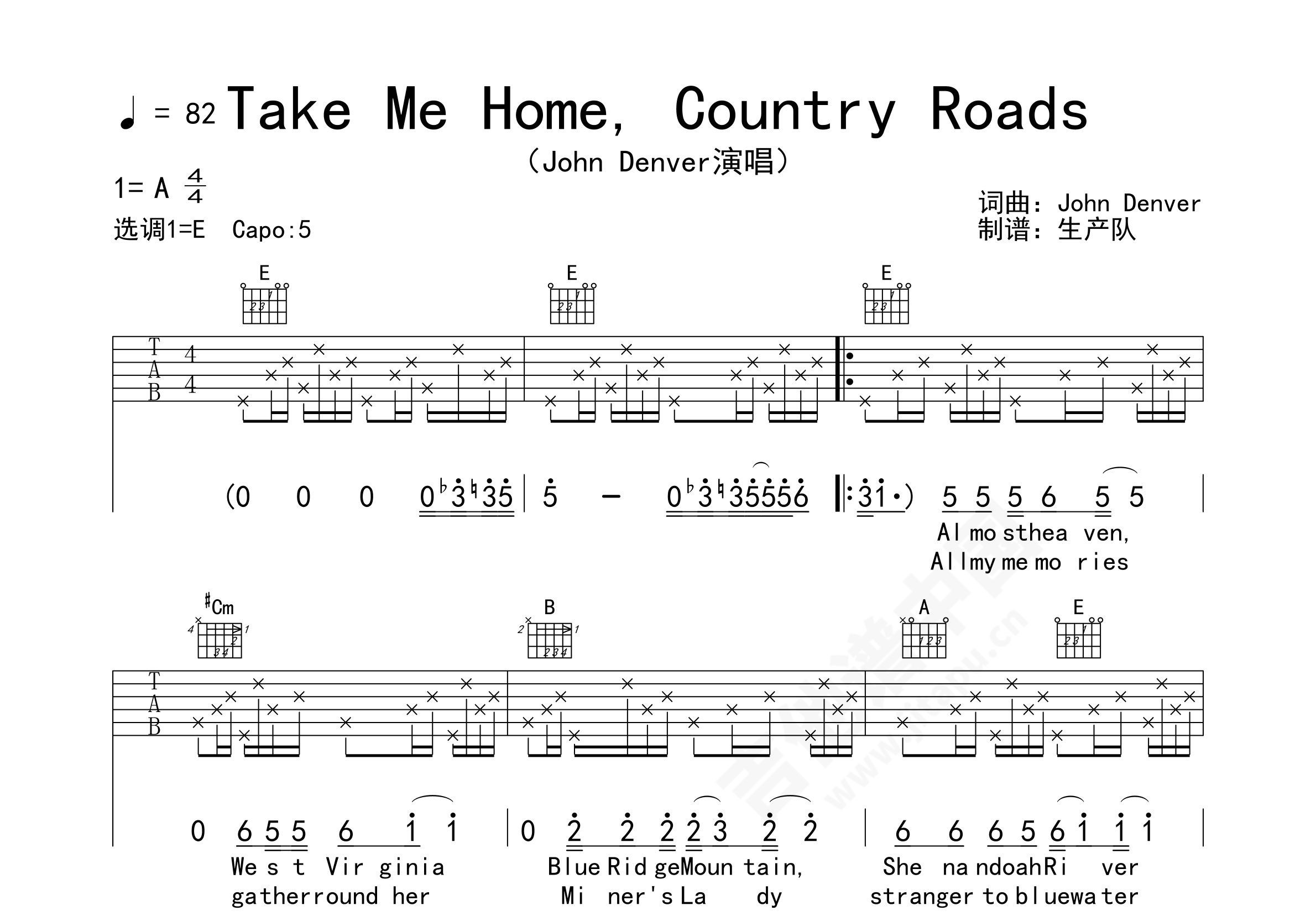 Take me home Country Road吉他谱_乡村路带我回家_吉他弹唱视频教程-吉他派
