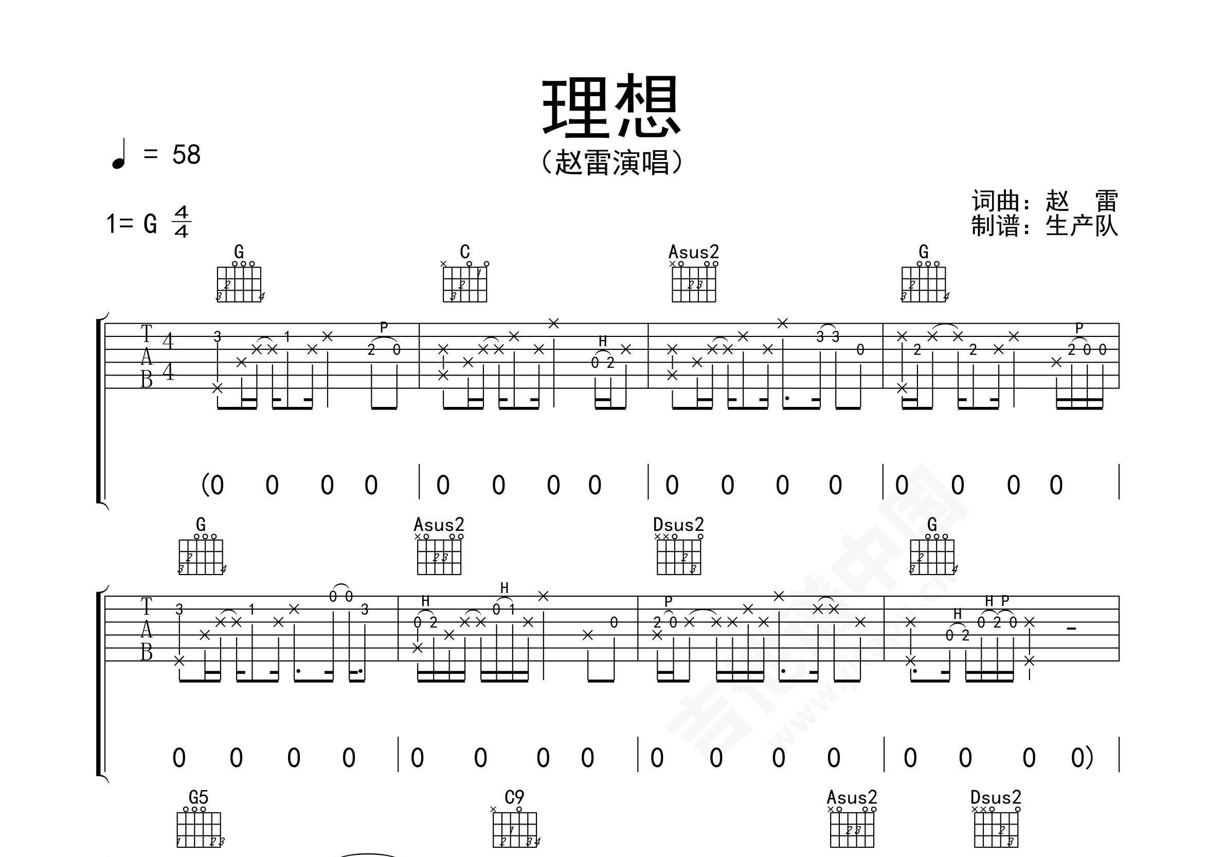 理想吉他谱原版G调弹唱 - 赵雷 - 无惧海浪向往自由 | 吉他湾