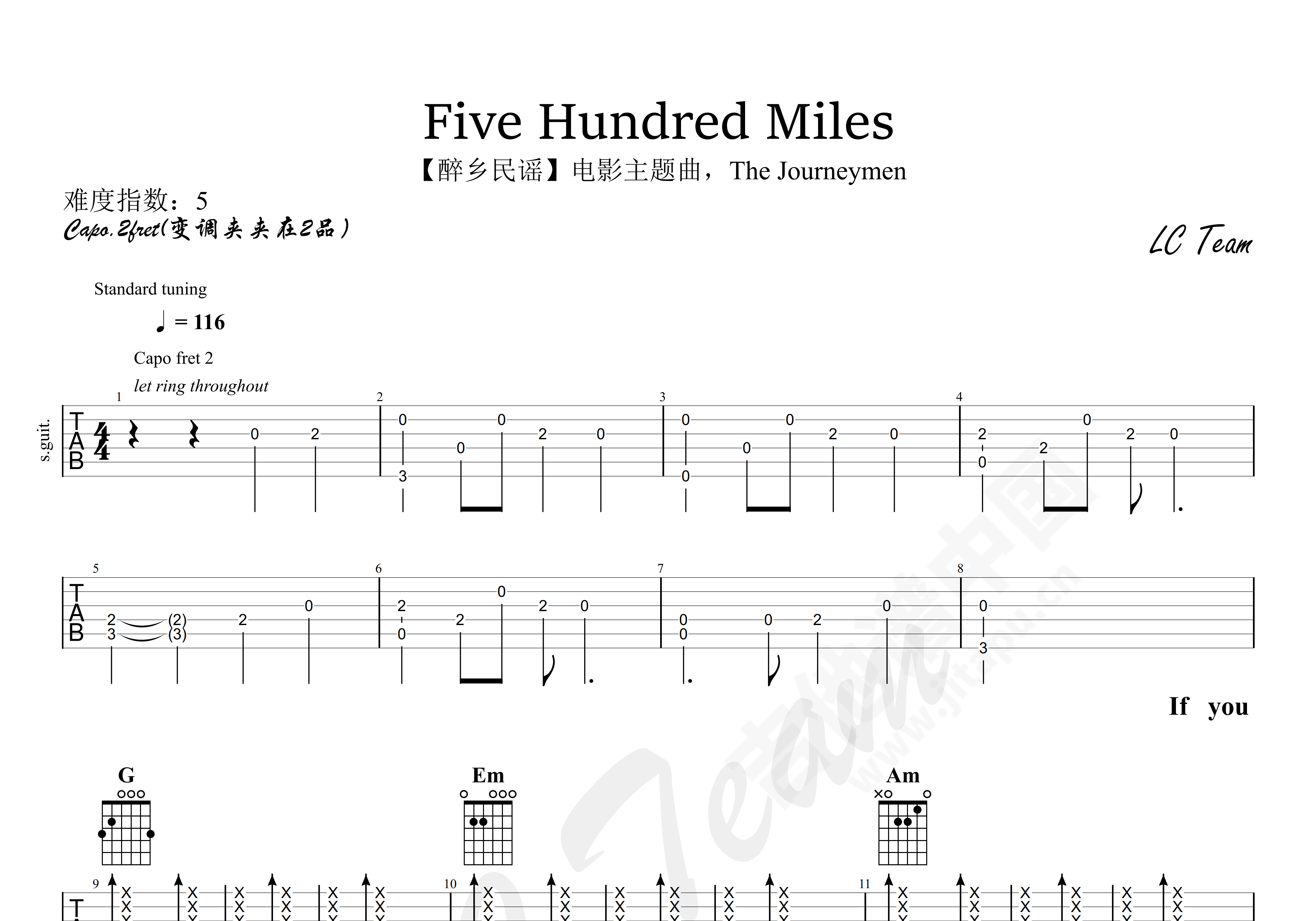 Five hundred miles吉他谱-《500miles》D调原版弹唱谱-双吉他六线谱-吉他源