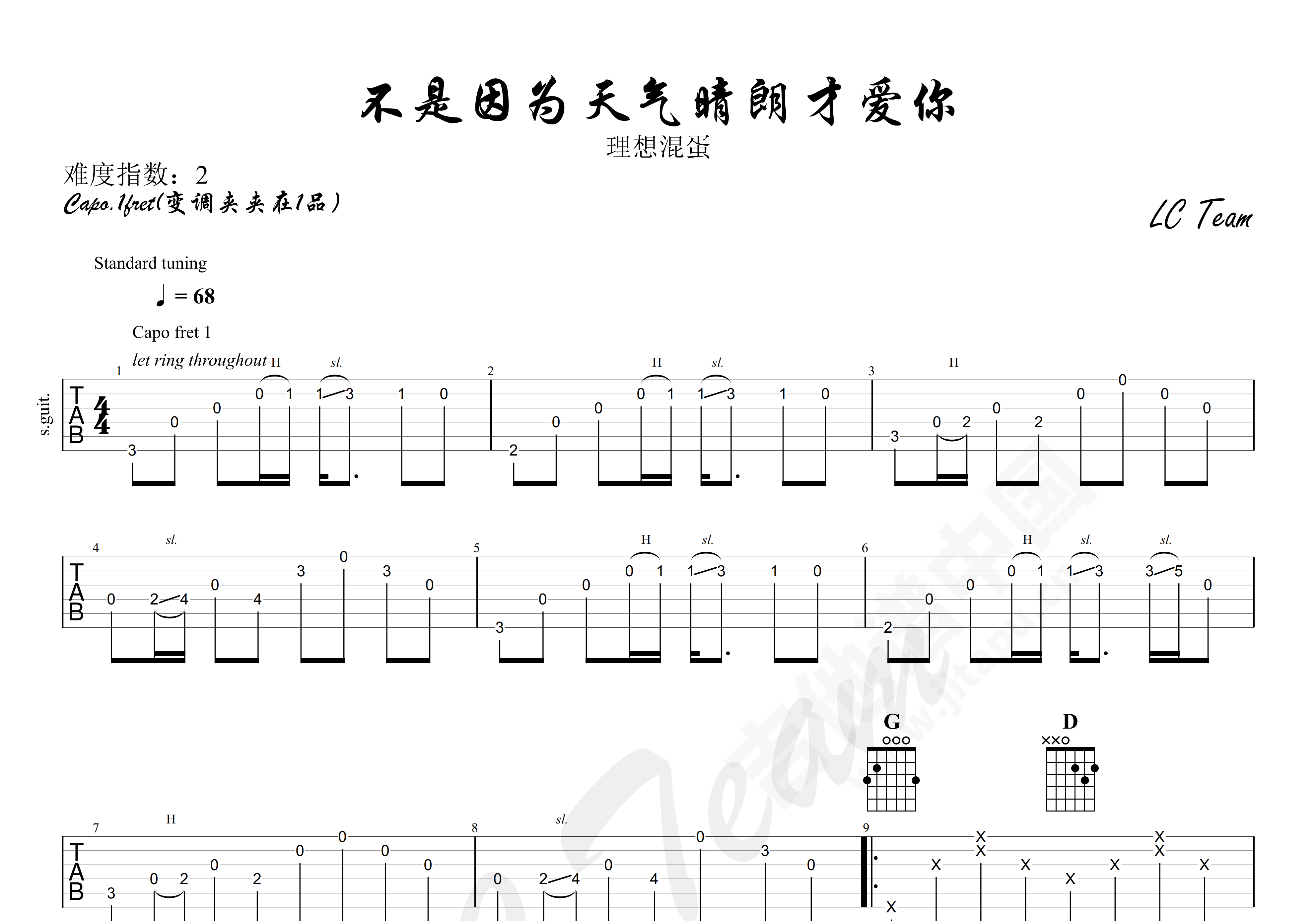 理想吉他谱/六线谱（酷音小伟编配、C调简单版）_器乐乐谱_中国曲谱网