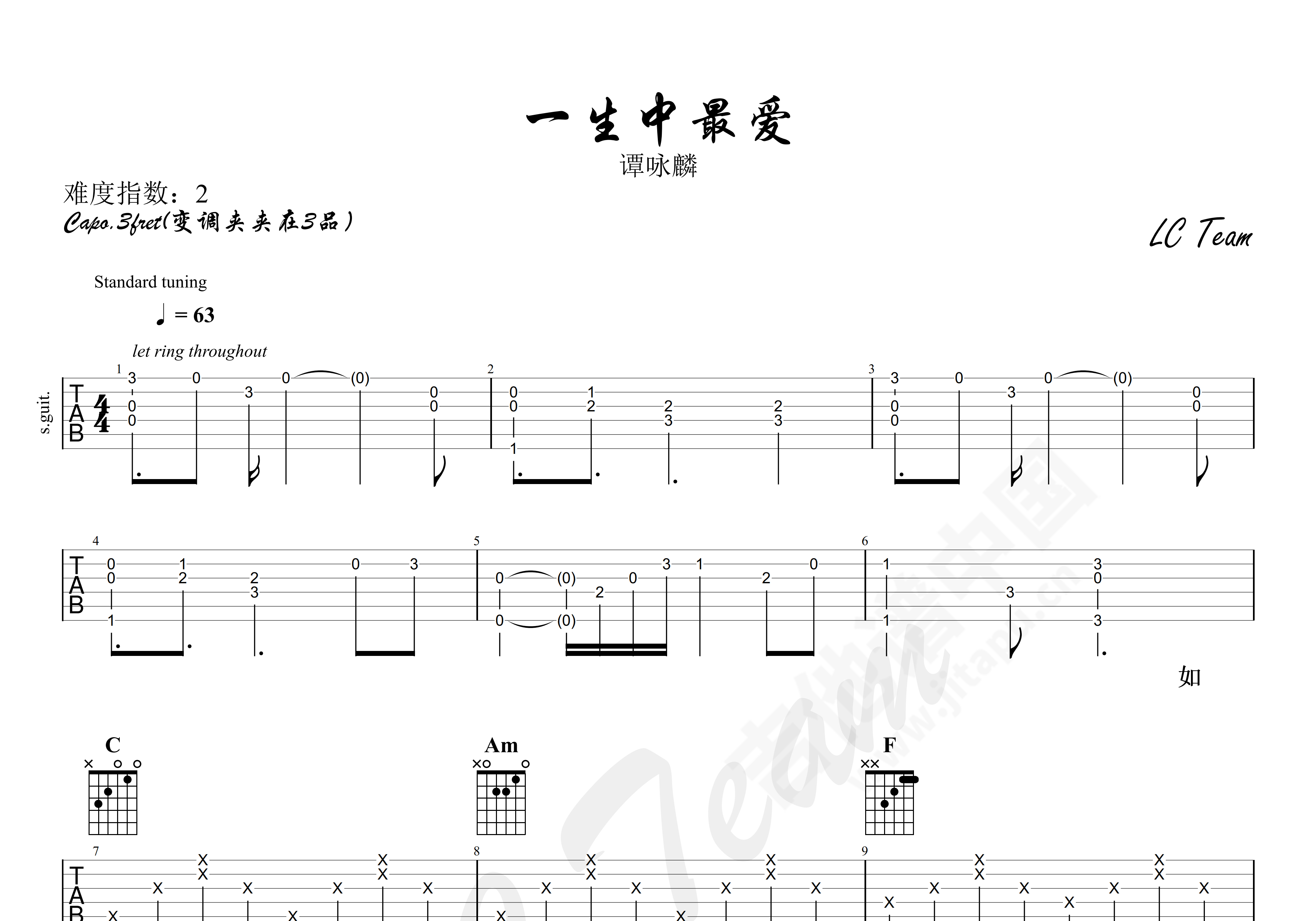 小白（粤语）简单版吉他谱 周柏豪 入门C♯/D♭大调流行 弹唱谱-吉他谱中国