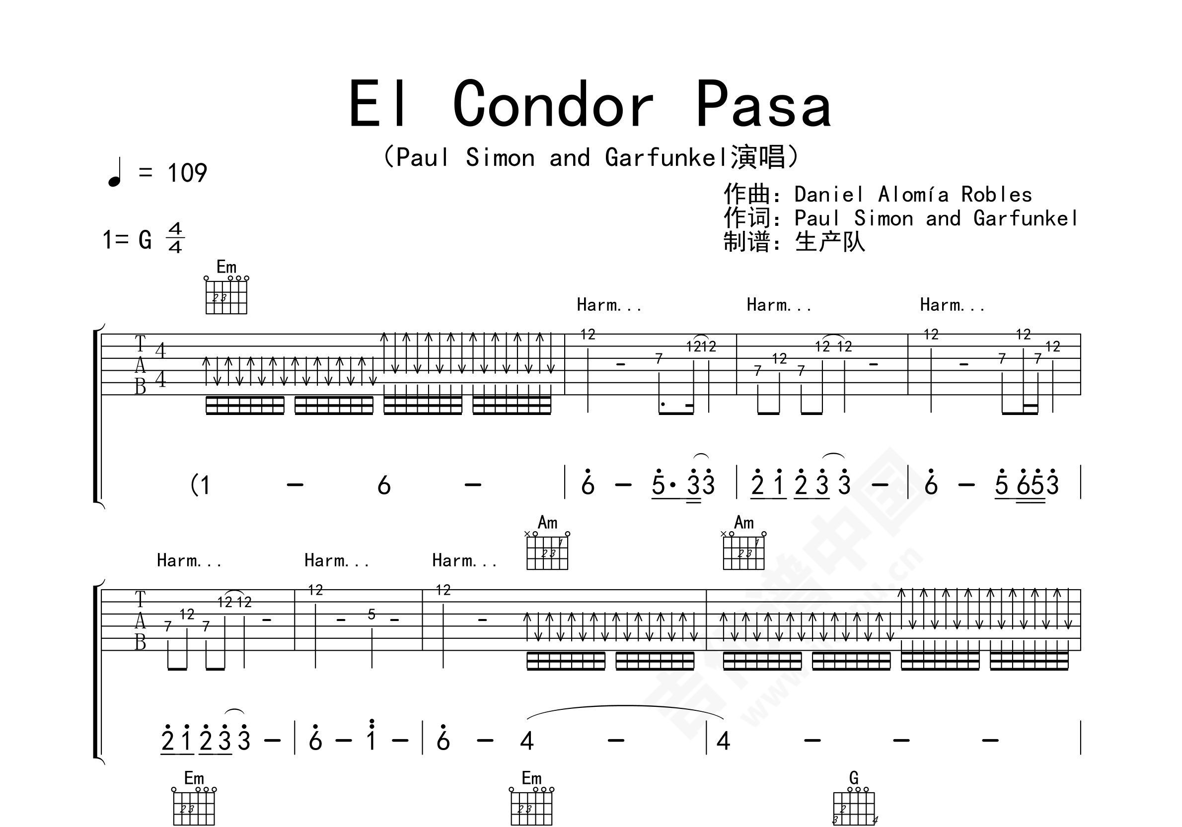 老鹰之歌（El Condor Pasa）简谱_老鹰之歌（El Condor Pasa）吉他谱－精彩曲谱