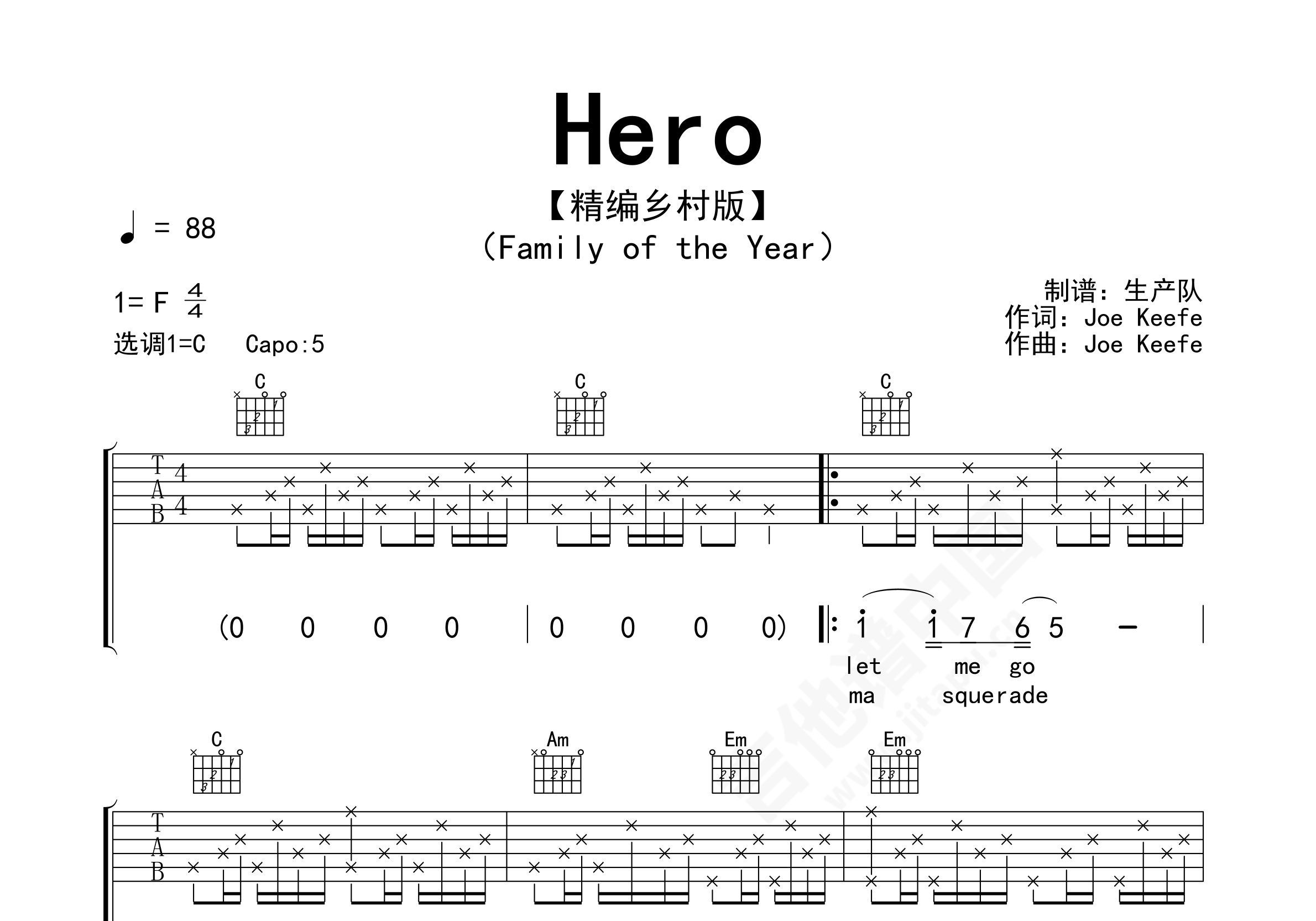 hero指弹谱 C调六线谱-Mariah Carey-吉他源